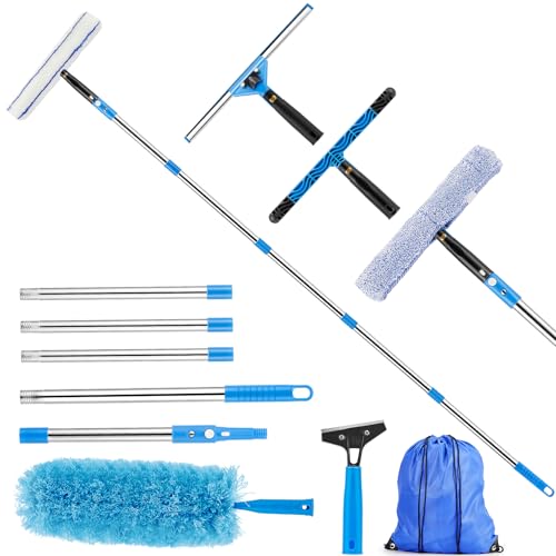 Feeloco 75" Window Squeegee Cleaner Kit with Extension Pole, 360° Rotating Streak-Free Glass Cleaner for High Windows, Shower Doors & Solar Panels – Professional All-in-One Window Cleaning Tools Set