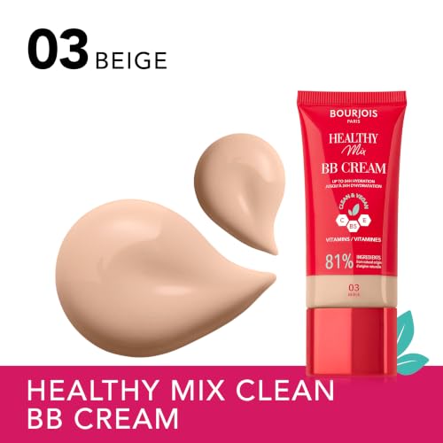 Bourjois Healthy Mix, 03 Beige, BB Crème, Fond de teint en crème, Couvrance et hydratation toute la journée, Vitamines C, E et B5, Formule clean et vegan, 30 ml