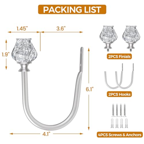 Hotozon HT-130190112-USF1 2 Pack Decorative Curtain Holdbacks, Window Drapery Tiebacks Wall Mounted With Twisted Translucent Finials, Silver Window Hooks thumb #5