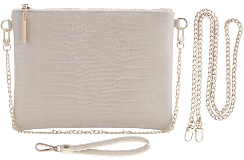 B BRENTANO Vegan Clutch Bag Pouch with removable wristlet and two size metal chain (CROCO BEIGE)