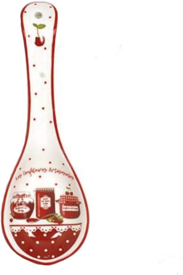 French Inspired White and Red Ceramic Spoon Rest Les Confitures Artisanal (Artisan Jams), 9.25"
