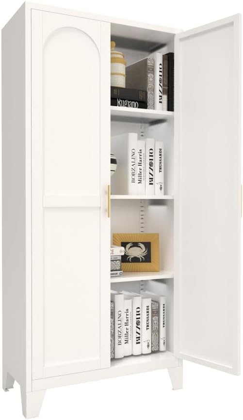 Bright White Heavy-Duty Steel 61-Inch Storage Cabinet, 2-Door Industrial Cabinet with Adjustable Shelves for Garage Pantry Closet