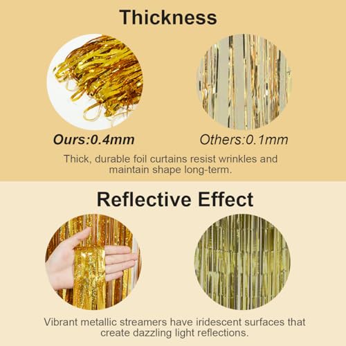 PVEGOS 4PCs 3.3 x 8.3 ft Laser Gold Glitter Tinsel Curtains Foil Curtain Backdrop.Laser Luminescent Particles Foil Fun Fringe Streamers for Party Birthday Decoration,Engagement,School Events - Image 3