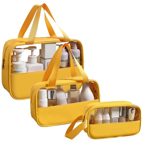 kamumanni Travel Toiletry Bag, Clear Toiletry Bag Set, 3 Pcs Toiletry Bag for Skincare Products, Cosmetics, Portable Wash Bag Shower Bag (Solid Yellow)