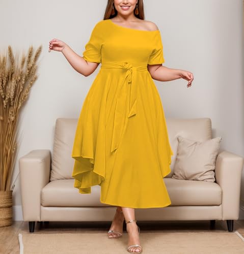 Image of Plus Size Women Wedding Guest Dress Off Shoulder Boat Neck Irregularly Flowy Midi Church Dress