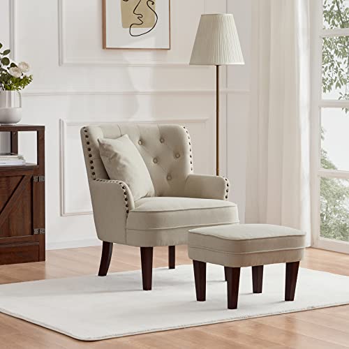 Huimo Accent Chair With Ottoman And Pillow, Club Chair And Ottoman Set With Bronzer Nail Head Trim Wooden Legs, Upholstered Armchair, Button Tufted Reading Chair For Living Room, Bedroom (Beige) #TOP2