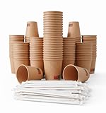 GASTROTOMI Vasos Cafe de 120 ml – 100 Unidades y 100 Paletinas Cafe Desechables de Madera con Funda, Vasos Desechables para Espresso, Degustaciones y Oficina – Vasos Carton Kraft – Pack Completo