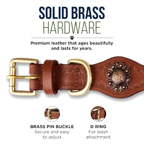 Image of Genuine Leather Dog Collar, X Large, Scalloped Edges, Hand Tooled | Brass Buckle, D Ring, Adventure, Thick Leather, Heavy Duty, Hand-tooled Western Design, Fit Neck Size 22 inch-26 inch