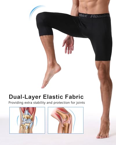 Roadbox Men's One Leg Compression Pants, 3/4 Single Leg Football Basketball Tights, Sports Athletic Leggings with Pockets3