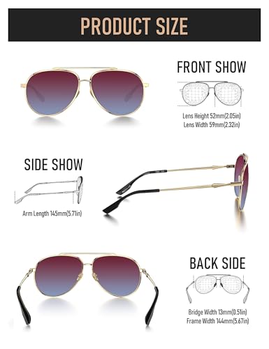 Image of LUENX Aviator Sunglasses for Women Polarized Mirror with Case - UV 400 Protection 60MM, Gradient Red and Blue Lens /Nonmirror, 60MM