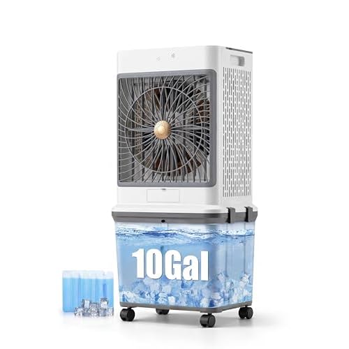 2026 Flagship Swamp Cooler, Portable Evaporative Air Cooler, Cooling Tower Fan with 10-Gal Water Tank, 3 Modes 3 Speeds, 30H Timer, 4 Ice Packs, 45° Oscillation & Wheels for Room Office Gara