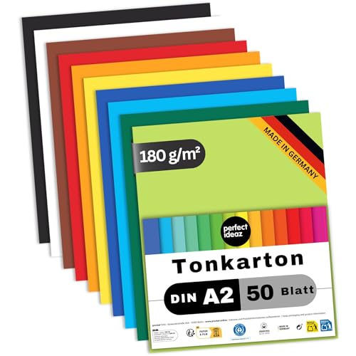 perfect ideaz - 50 Blatt Tonkarton DIN-A2, 10 Farben, Made in Germany, Blauer Engel zertifiziert