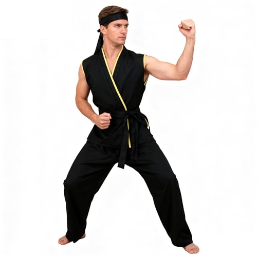 Fashionjoy Men Karate Gi Costume Sleeveless Uniform Halloween Cosplay with Headband Full Set Outfits XL