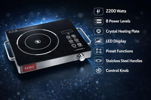 Image of KIORA Infrared Induction Cooktop, 2200 Watts, 8 Power Levels, Crystal Heating Plate, LED Display, Preset Functions, Stainless Steel Handles, Control Knob