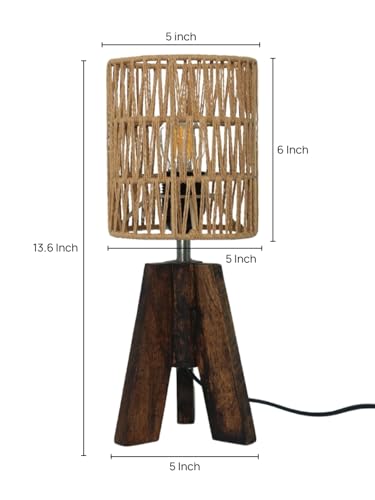 Image of Green Girgit Decorative Tri-Leg Stand Wooden Table Lamp with Dori Designed Cylindrical Lamp Shade Bedside & Reading Night Lamp for Bedroom, Living Room & Home Decor | Warm Ambient Light