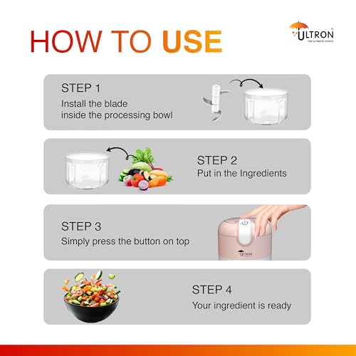Image of ULTRON Electric Chopper | 30W Powerful Motor | 250ml Mini Vegetable Chopper | Stainless Steel Blades | One-Touch Operation | BPA-Free Container | USB Rechargeable | Portable Kitchen Chopper (Rose)