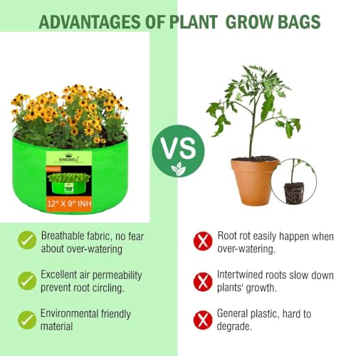 Image of Kingwell grow bags 12x9 inch pack of 8 Grow Bag For Terrace Garden Leafy Vegetable Plant Grow Bags Fruits Growing Containers For terrace Gardening