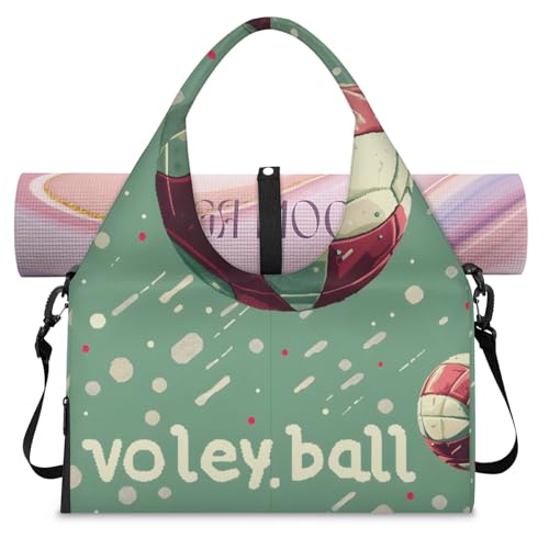 Yoga Tote Bag for Women Cartoon Volleyball Beach Bag with Shoe Storage & Yoga Mat Strap Waterproof Weekender Duffle Bag for Travel Fitness Weekend Trips