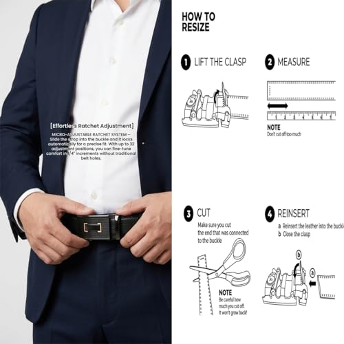 Image of JINIU Men's Ratchet Belt Buckle, Black Genuine Leather Slide Belt for Men Dress Suit, Micro Adjustable Trim to Fit Boxed
