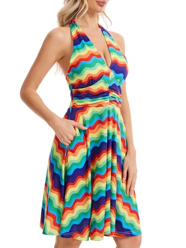Image of Women's Summer Sundress- 2025 Sexy Halter Sleeveless Spring Boho Elastic Waist Ruffle Mini Dress