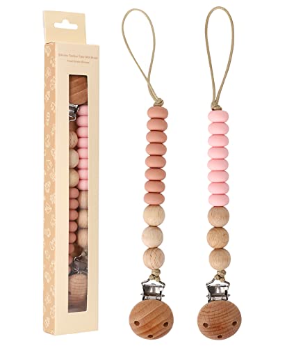 Image of AULEGE 2 Pack Pacifier Holder Clips for Binky & Teether, Silicone Baby Pacifier Clip for Baby Girls(Muted, Pink)