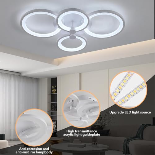 Image of ELEPHANTBOAT 36W Dimmable Chandelier Lights for Ceiling, 3-Color Round LED Ceiling Lights for Living Room with Remote Control, Flush Mount Fancy Lighting Fixture with 4 White Rings (2800-6000k)