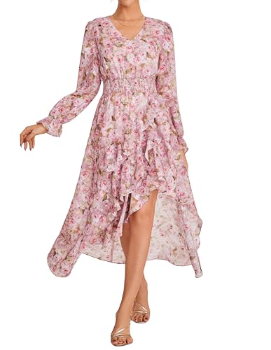 Damen Kleider A-Linien Langarm Blumenkleid V-Ausschnitt Sommerkleid Damen Leicht und Luftig Kleider für Hochzeitsgäste Rote Blume L