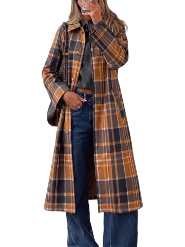 Image of Cicy Bell Womens Plaid Trench Coat Fall Lapel Single Breasted Long Jacket