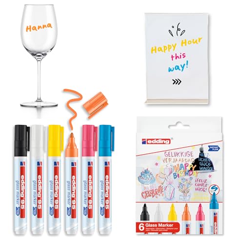edding 95 marcador para cristal - multicolor - 6 rotuladores borrable para vidrio - punta redondeada 1,5-3 mm - para escribir y marcar en ventanas y pizarras de cristal - borrado en seco