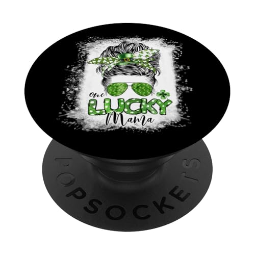 One Lucky Mama St Patricks Day Messy Bun Leopard Shamrock PopSockets Adhesive PopGrip