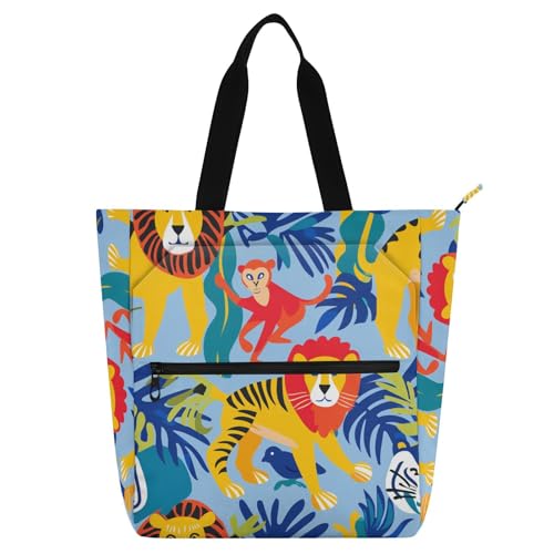 Bolsa de libros resistente y grande con diseño de león y monos para escuela y viajes