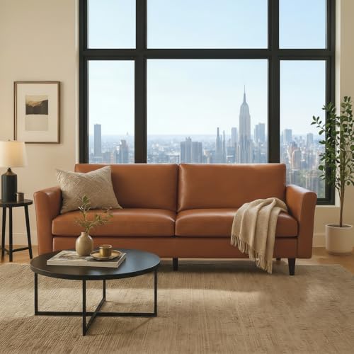 Image of Kingfun 80 inch Faux Leather Sofa Couch, Mid Century Modern Leather Couch with Rolled Arms and Deep Seats, Brown Leather Sofa for Living Room, 3-Seater Couch for Apartment, Office and Bedroom, Dark Brown