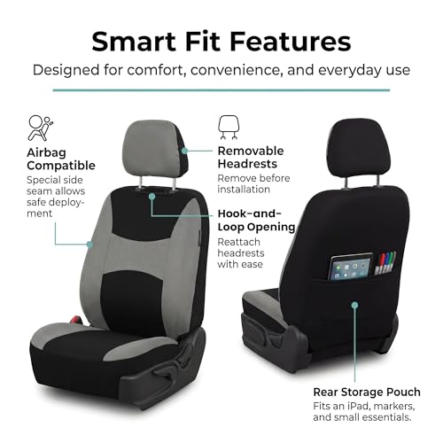 Image of FH Group Universal Car Seat Covers Front Set for SUV Truck Sedan Vans | Waterproof All-Purpose Cloth Seat Cover Set Airbag Compatible Washable Split Bench Protector Interior Upgrade - Gray