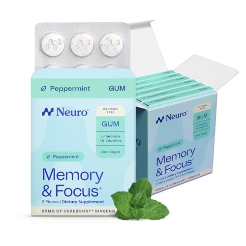 Image of Neuro Memory & Focus Gum - Caffeine Free Nootropic with Cereboost Ginseng, 60mg L-Theanine & B Vitamins - Brain Boosting Gum and Mental Clarity Supplement - Sugar Free, Vegan - Peppermint, 54 ct