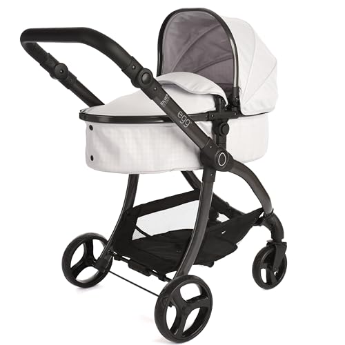 Roma egg 2-in-1 Baby Toy Dolls Pram - Houndstooth Silver Toy Pushchair with Adjustable Handle Cocoa Leatherette 3-Point Harness Lightweight Frame Perfect for Reborns & Teddies