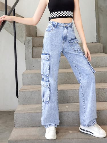 WDIRARA Girl's Flap Pocket High Waist Cargo Jeans Elastic Band Straight Leg Long Denim Pants3
