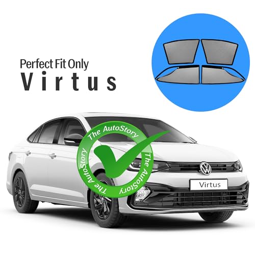 Image of AutoStory Magnetic Car Sunshade for Virtus | Front Half Cut for Mirror Visibility + Rear Full Coverage with Zipper | Heavy Heat & UV Protection | Privacy Side Window Curtains Shades