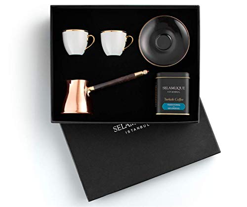 Selamlique's Turkish coffee cup gift set with Turkish Coffee, Copper Coffee Pot and two Classic Black Turkish Coffee Cups set