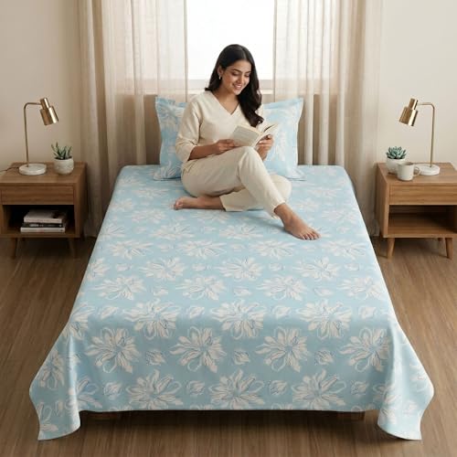 Image of Mafatlal 186 TC Metro Cotton Single Bedsheet | 90 x 60 Inch | Soft Breathable Fabric with Pillow Cover | Lightweight Daily Use Bed Sheet | Arctic Blue