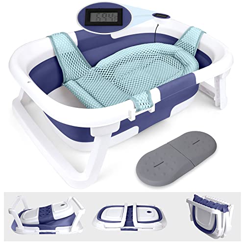Image of BEBELEH™ Collapsible Baby Bathtub with Thermometer – Bathtub + Baby tub Cushion + Baby Bath tub Kneeler – Durable Baby Bathtub Newborn to Toddler 0-24 Months.(Bathtub with Thermometer, Blue)