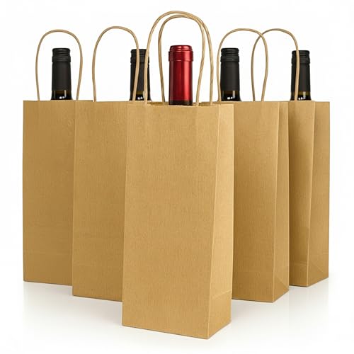 100 bolsas para botellas de vino de papel Kraft, 14 x 8,5 x 39,5 cm – Bolsa regalo porta botellas, asas reforzadas, bolsas para vino, champán, cerveza – Papel reciclado ecológico y robusto, color
