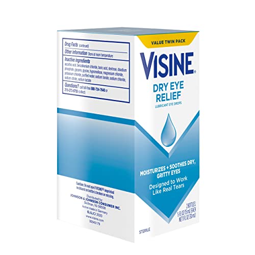 Visine Dry Eye Relief Lubricant Eye Drops To Moisturize And Soothe Irritated, Gritty And Dry Eyes, Designed To Work Like Real Tears, Polyethylene Glycol 400, Twin Pack, 2 X 0.5 Fl. Oz #TOP3