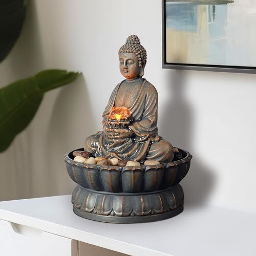 Image of Kalona Home Decor 9.6 inch Tabletop Fountain Exquisite Smile Sitting Buddha Fountains Desk Water Fountain Decorative Zen Fountain w /Reflective Lighting /Cobblestone Office and Home Decor(21125A)