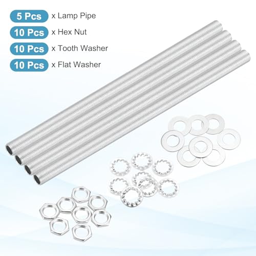 Image of MECCANIXITY 35Pcs 11 inch Lamp Pipe Nipples Kit with Hex Nuts Washers, M10 Fine Threaded Hollow Tube Repair Hardware Fasteners Assortment for Assembly Chandelier Ceiling Lamp DIY, Silver