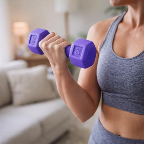 Image of Dumbbell Set Pair for Home Gym | PVC Coated Hex Dumbbells with Non-Slip Handle | Strength Training, Cardio, Yoga & Fitness Workout Equipment (Purple 1Kg)
