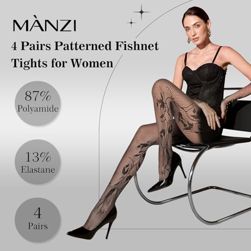 MANZI 4 Pairs Patterned Tights for Women Fishnet Stocking4