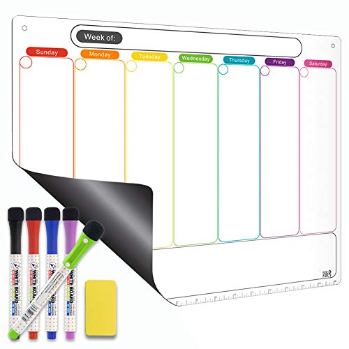 Magnetic Calendar for Refrigerator. Horizontal Weekly Dry Erase Fridge Calendar Whiteboard Meal Planner Menu Board - Thickened Magnet. with Upgraded Fine Tip Marker & Eraser & Holes for Wall Hanging