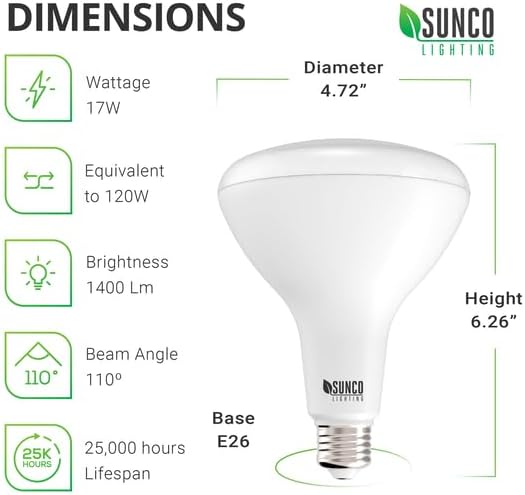 Sunco 6 Pack BR40 Light Bulb, LED Indoor Flood Light, Dimmable, 6000K Daylight White Deluxe, 1400 LM, E26 Base, Recessed Can Light, High Lumen, Flicker-Free - UL, 120W Equivalent 17W