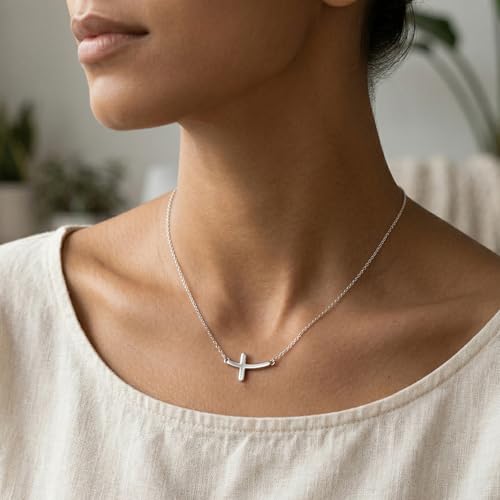 Image of Ladytree 925 Sterling Silver Concise Sideways Cross Pendant Necklace Choker for Women Christian Jewelry