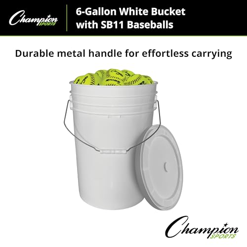 Champion Sports 11\" Syntex Leather Cover Softballs | 18 Optic Yellow Softballs and White Bucket | Cork Core | Medium Compression | NFHS Approved | Raised Seams